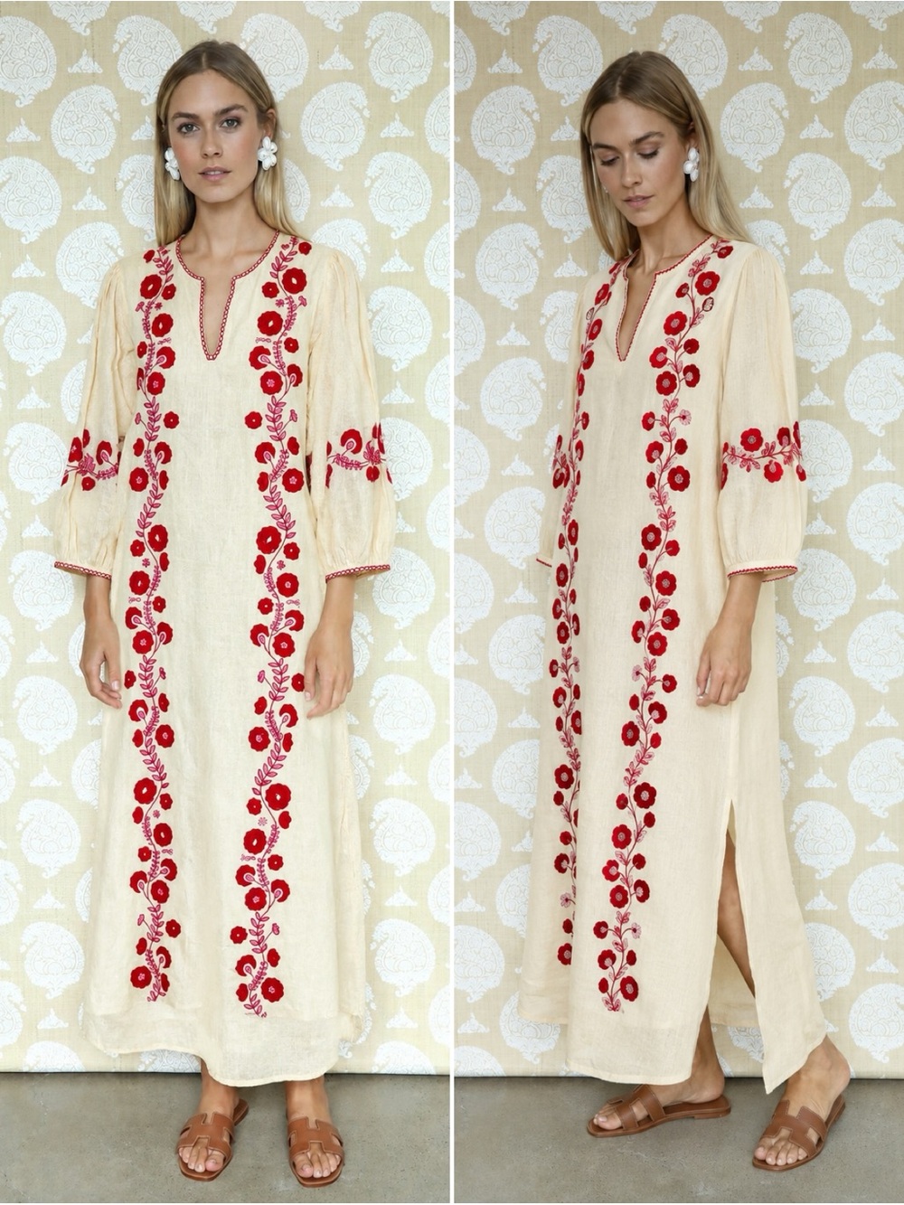ASHA Cream Linen Embroidered Maxi Dress Red Floral Boho Kaftan Tunic Size S